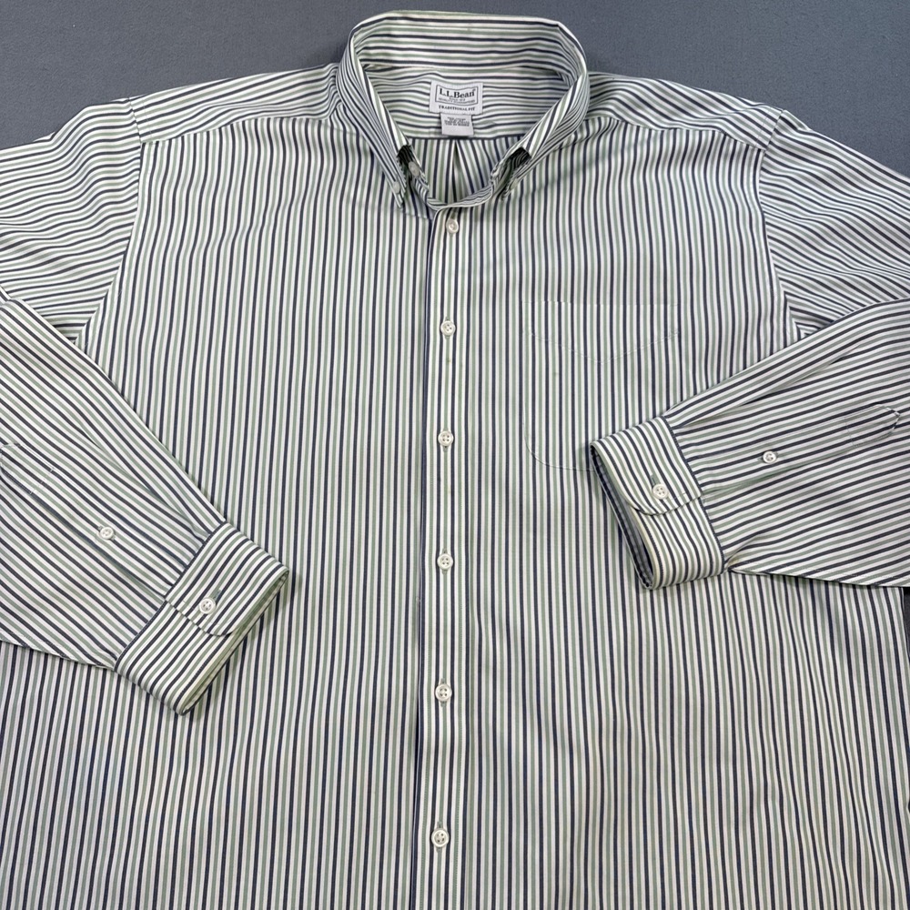 L.L.Bean Shirt Mens 17.5/38 Blue Green  White Stripe Button Down Long Sleeve USA